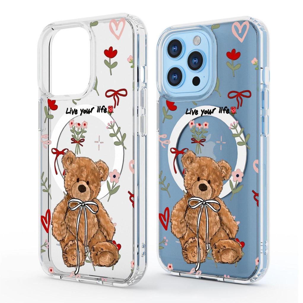 Floral Bear Magnetic Full Coverage Transparent Case for Apple iPhone 14-17 Pro Max