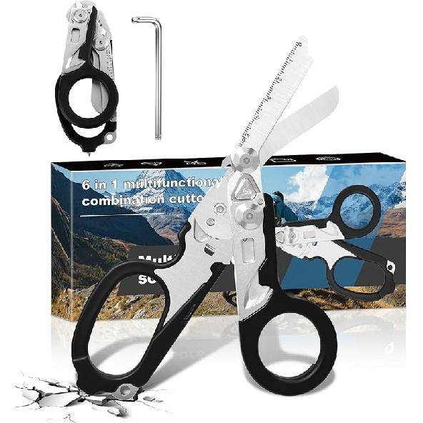 6-в-1 Аварийные ножницы, Складные травматологические ножницы из нержавеющей стали с резчиком ремней и стеклобоем, Инструменты для кемпинга и активного отдыха (фиолетовый) чёрный