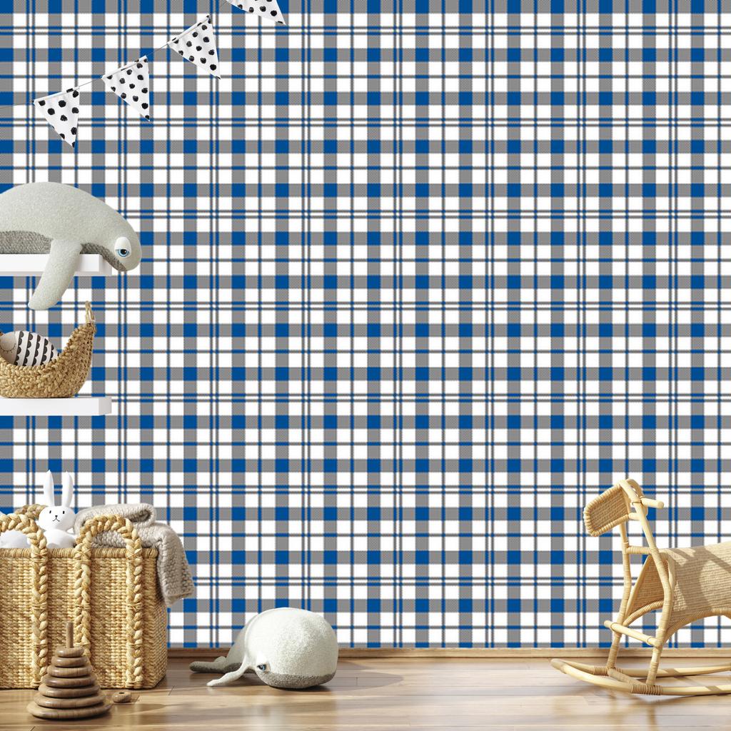 Blue Checkered Wallpaper, Blue, Gray and Light Gray, 50x1000
