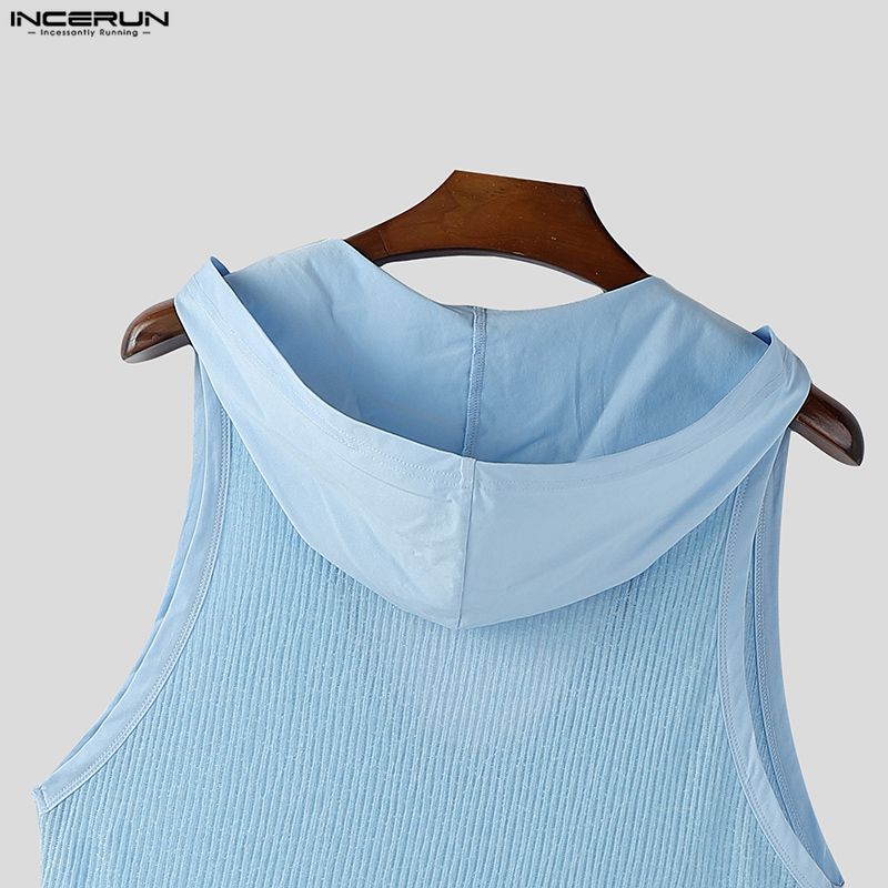 INCERUN Herren ärmellose U-Ausschnitt unregelmäßige dünne Urlaubs-Langarm-Kapuzen-Tanktops