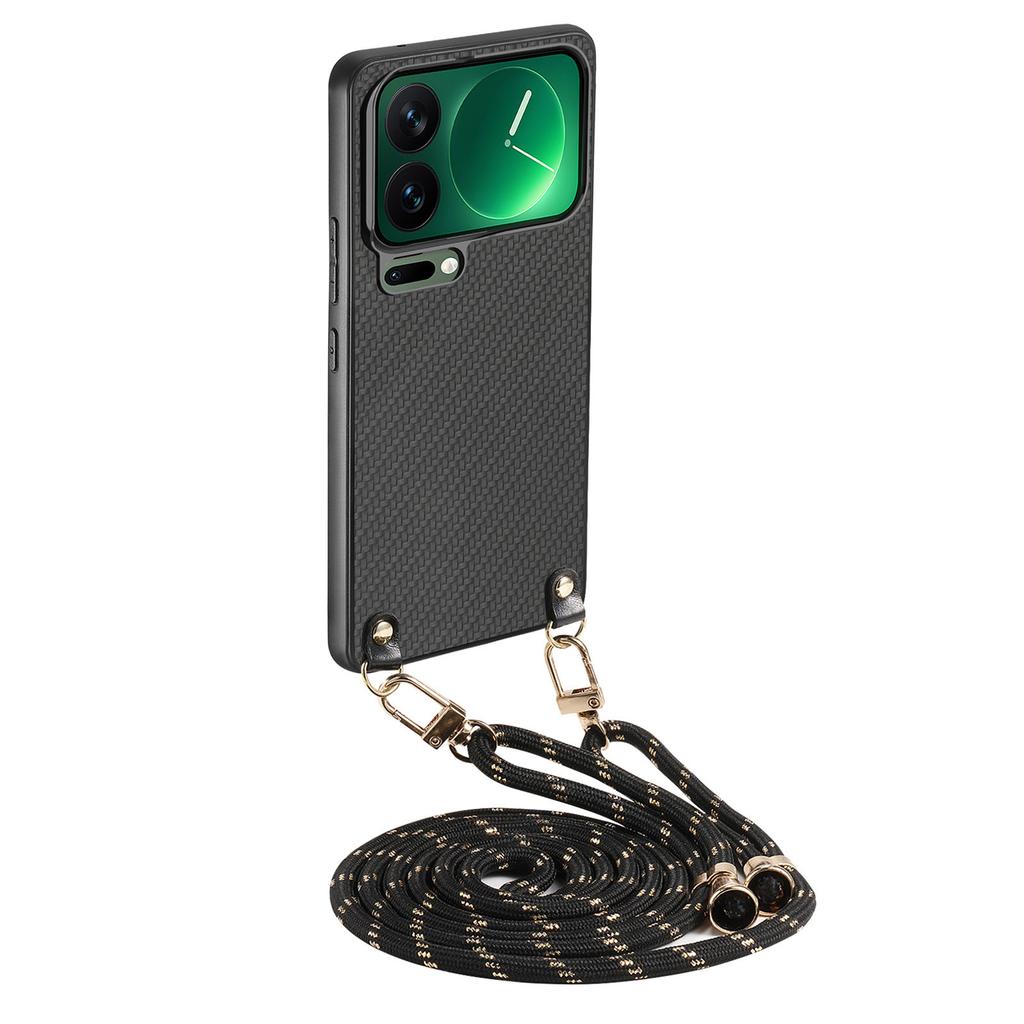 For Xiaomi 17 Pro Case Carbon Fiber Texture PU + PC + TPU Anti Drop Phone Cover with Crossbody Lanyard