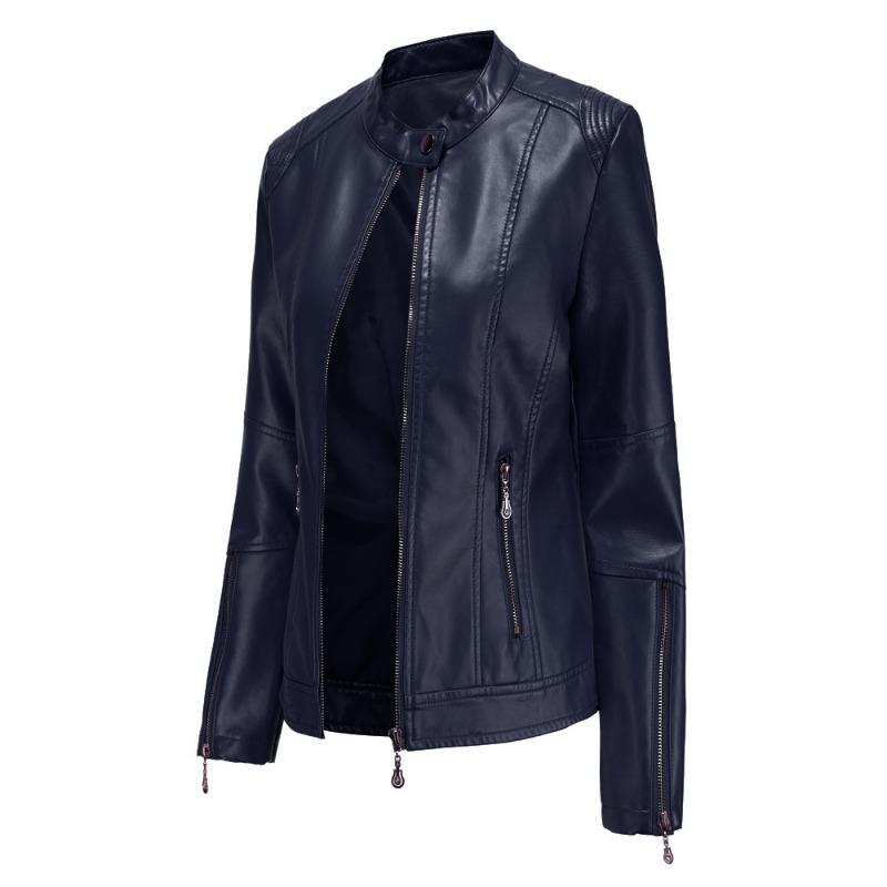New fashion women's leather jacket leather short jacket stand-up collar jacket women's spring and autumn thin leather jacket navy blue leather jacket