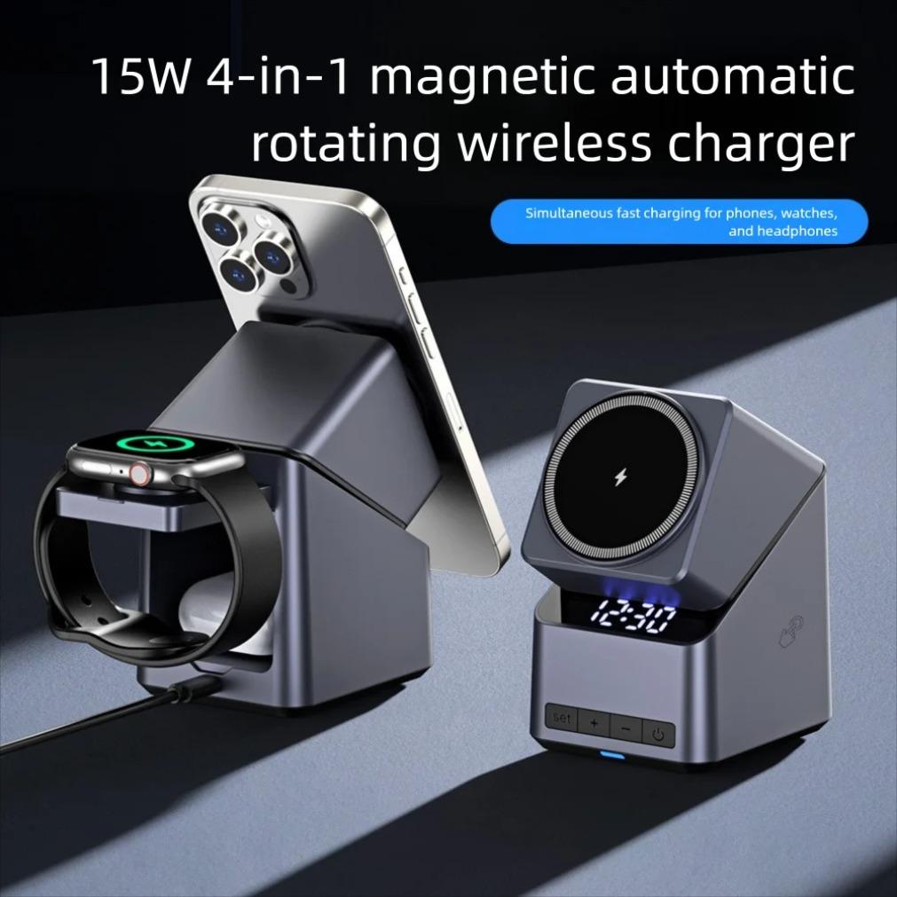 Desktop Clock Magnetic Wireless Charger 4-IN-1 Fast Charging Dock For iPhone 16 15 14 13 12 Apple Watch 10/9/8/7/6/5 AirPods Pro
