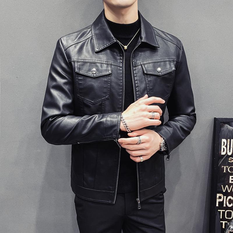 Autumn and Winter New Men's Quilted Casual Leather Jacket Men's Motorcycle Jacket Slim Korean Style Lapel Men's PU Leather Jacket