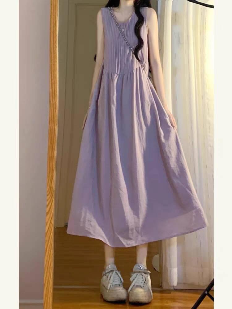 

Однотонное платье-жилет без рукавов, женское, лето 2025, новое, круглое, для отдыха на море, длинное платье высокого качества M фиолетовый