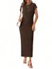 Womens Ribbed Knit Maxi Dress Cap Sleeve Crew Neck Casual Long Dress