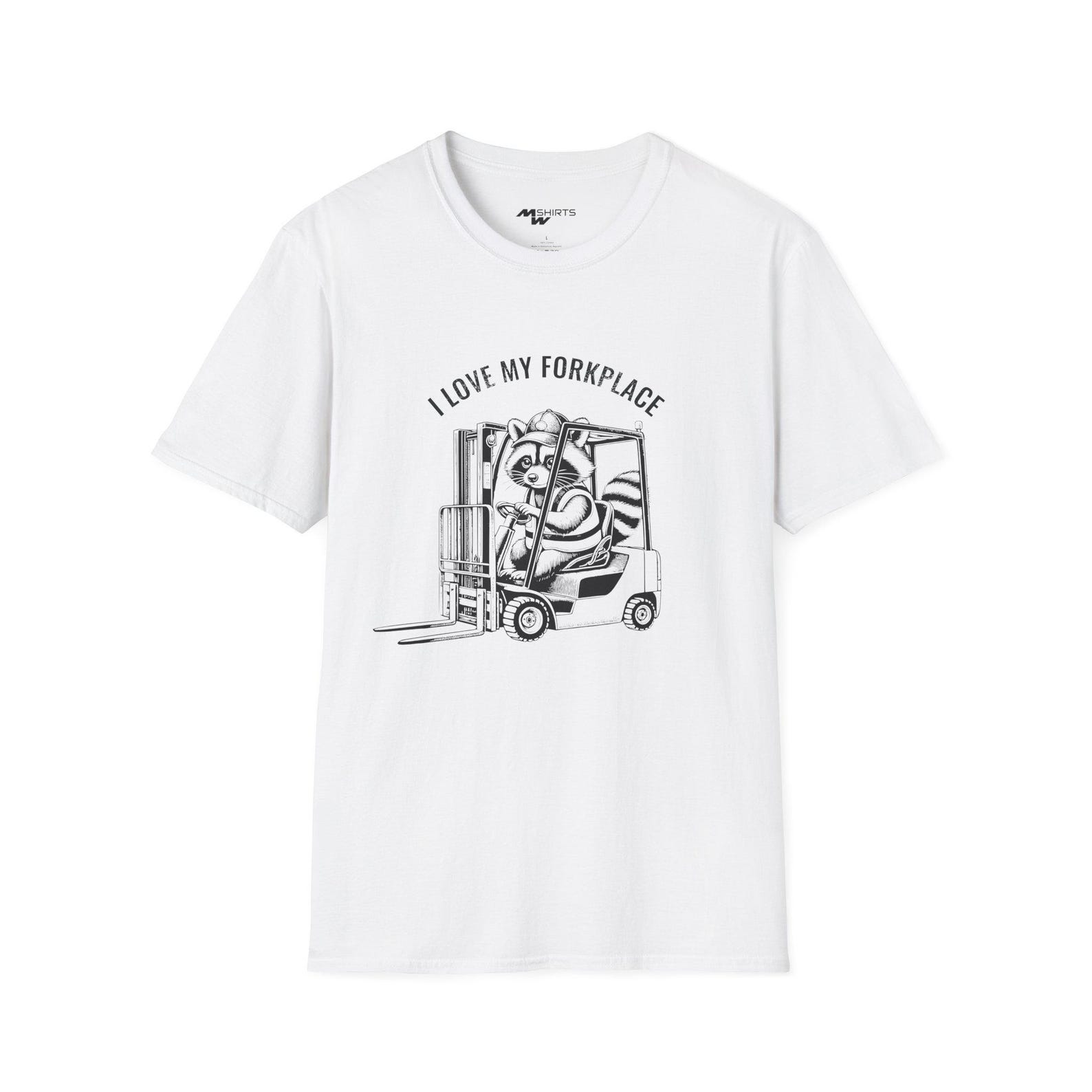 I Love My Forkplace/ Engraving-Style Raccoon Forklift T-Shirt/ Unisex Softstyle T-Shirt S