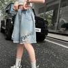 Mädchen Jeansshorts Weites Bein Sommer Gerade Graffiti Fünf-Punkt-Hose Locker Mittel Bis Groß Kinder Ripped Ausgefranst Gewaschen Hongkong-Stil