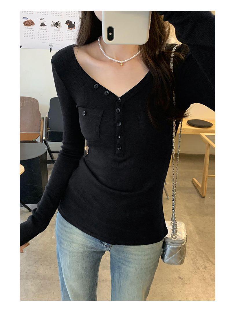 

Чистая и сексуальная женская облегающая футболка с V-образным вырезом и длинным рукавом Extra Large чёрный