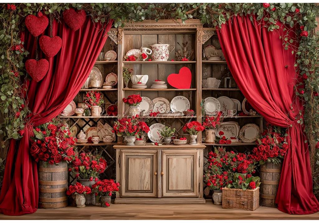 Valentine's Day red rose heart-shaped wooden cabinet banner shooting Backdrop, Valentine's Day adult portrait shooting Backdrop9