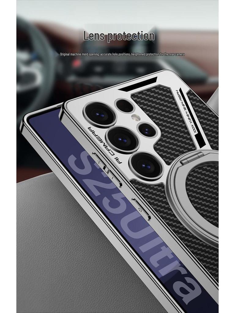 Samsung S25 Ultra Protective Case with Magnetic Rotating Stand – Anti-fall, Electroplated Leather Cover