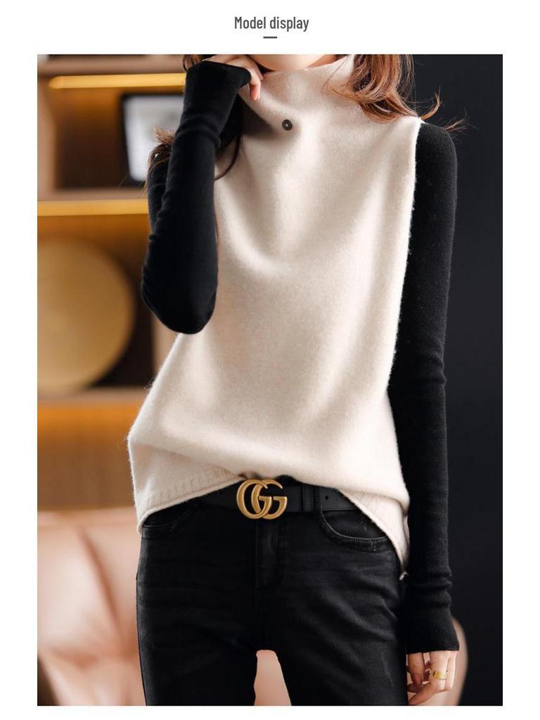 Women's Cashmere Sweater Vest: High Neck, Button-Up, Sleeveless, Loose Fit, Slimming, Wool Knit – Perfect for Autumn and Winter.