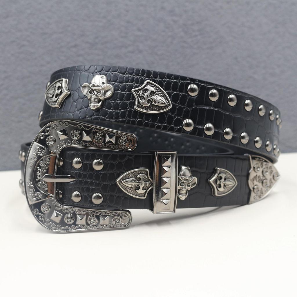 Crocodile Pattern Western Rivet Skull Leather Belt – Unisex Punk Y2K Style
