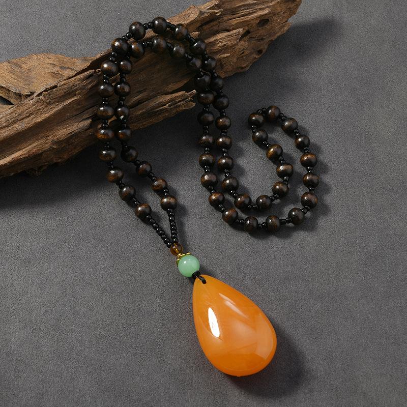 Wood Bead Beeswax Necklace No Matter Brand Pixiu Pendant Chicken Oil Yellow Amber Men's and Women's Long Sweater Chain Pendant