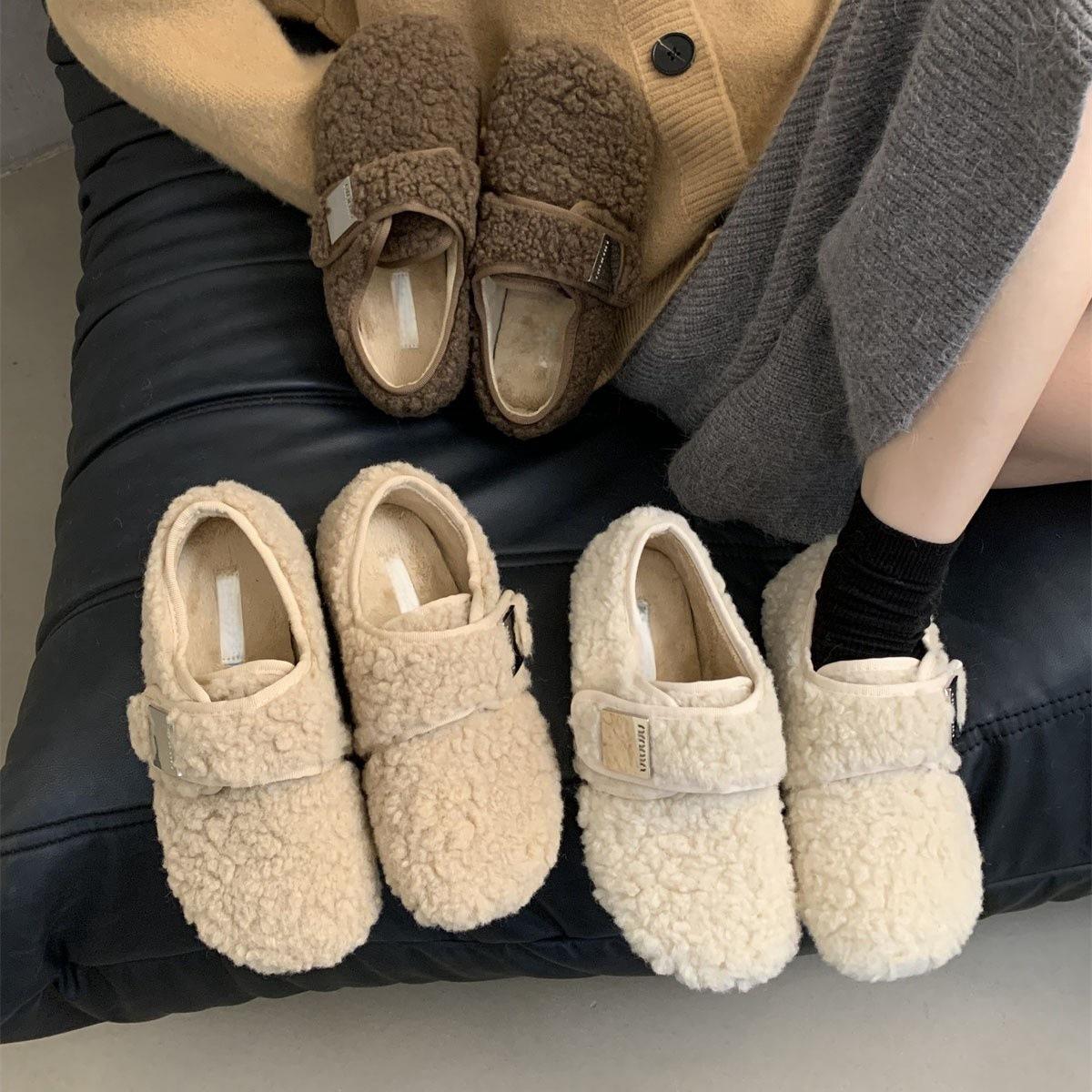 

Обувь Mao Mao, женская верхняя одежда 2025, нежная фея, шапки, женские зимние туфли из бархата и хлопка на плоской подошве, туфли Birkenstock 35