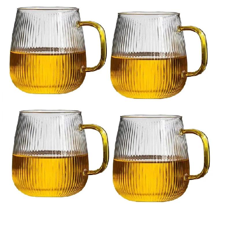 1-6PCS Japanese Striped Glass with HandleTransparent Water Cup Home Net Celebrity Heat-Resistant Drinking Juice Cup Wine Glasses