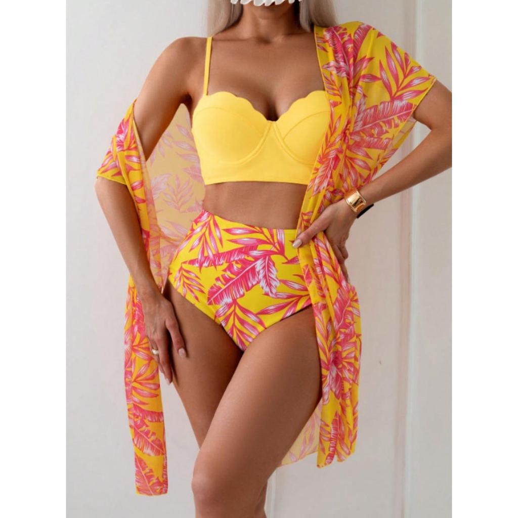 1 Set Badpak Bladprint Hoge Taille Mesh Jas Driehoek Slank Makende Bikini Badpak Dames Set