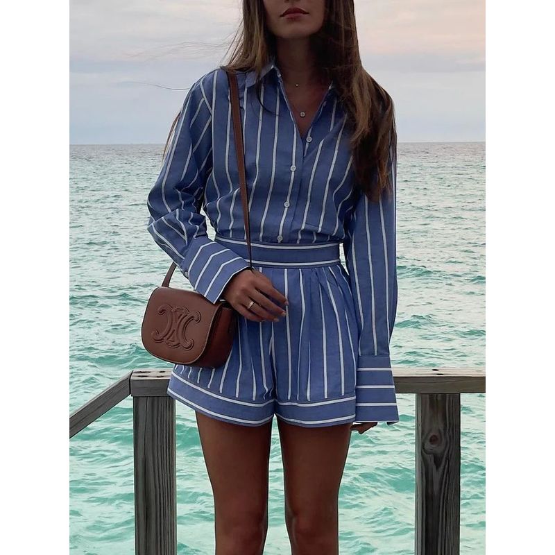 

Collar Striped Shirt Long Sleeve Suit Polo Collar Stripes Shirt Outfit Blue S
