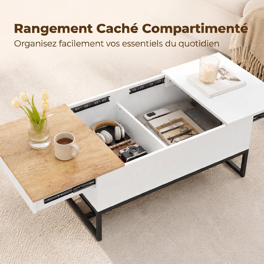 Extendable Coffee Table with Sliding Top, Hidden Storage, Steel Legs, White