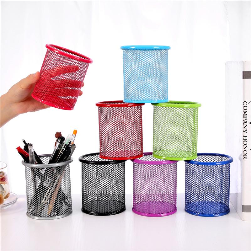 Wrought Iron Color Round Grid Metal Square Hollow Pen Holder Student Stationery Desktop Office Supplies Storage Ornament