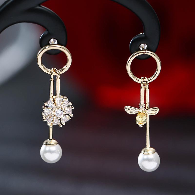 Korean-Style Copper Bee & Flower Pearl Pendant Earrings