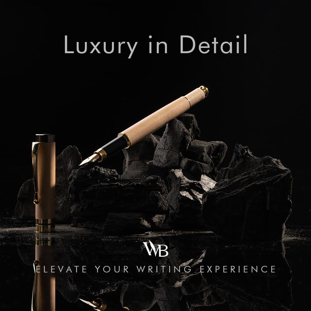 Wordsworth Finest Premium Wooden Fountain Pen Crest 6 Fountain Pen Ink Cartridges and 24K Gold Finish 18K Gold Plated Medium Nib Suitable for Both Men