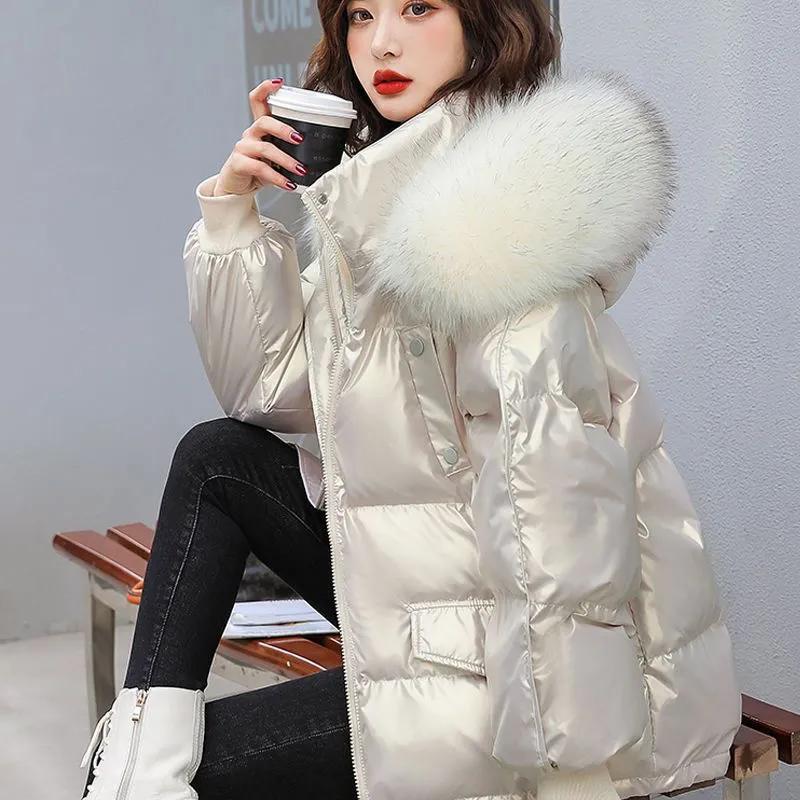 Women's Winter Warm Duck Down Jacket Clothes Glossy Fur Collar Thicken Parka Short Down Coat