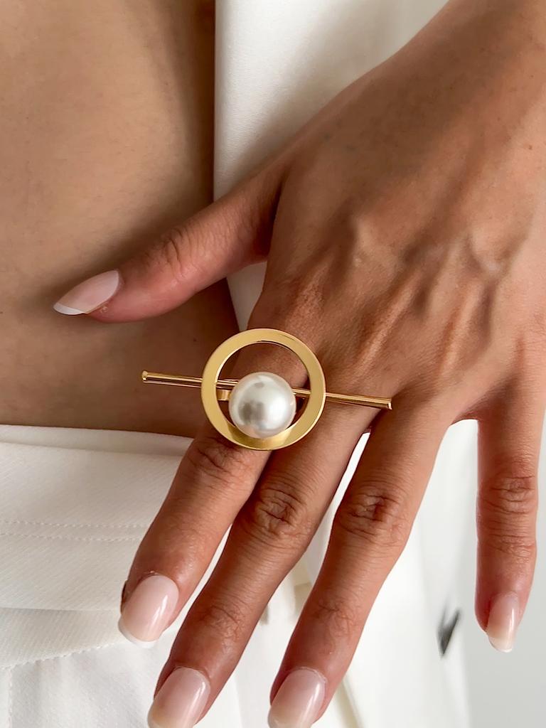SHIXIN Vintage Creative Silver Color Large Flower Open Ring for Women Punk Imitation Pearl Party Adjustable Ring Finger Jewelry