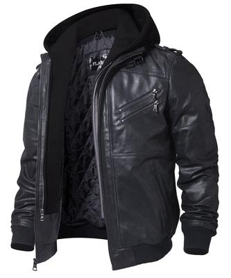 Leder Echt Schwein Groß Kalter Winter [GESCHMACK] Herrenjacke, Bikerjacke, Mantel, Leder, Leder, Abnehmbar, Mit Kapuze, Größe, Schutz, Winddicht,