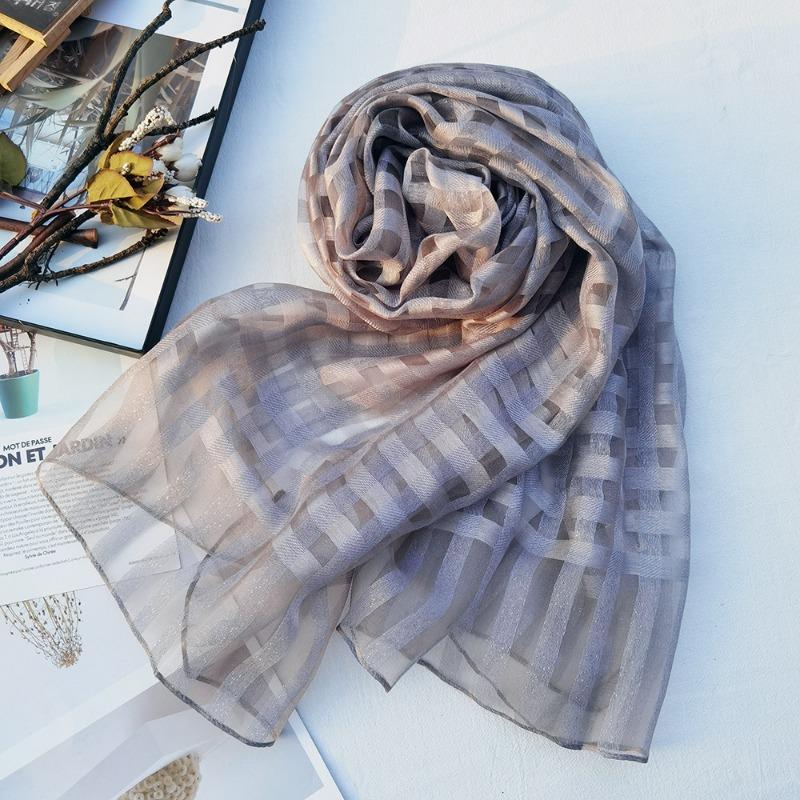 New Checkered Silk Scarf for Women, Solid Color Sunscreen Shawl Gold Thread Mulberry Silk Scarf for Women