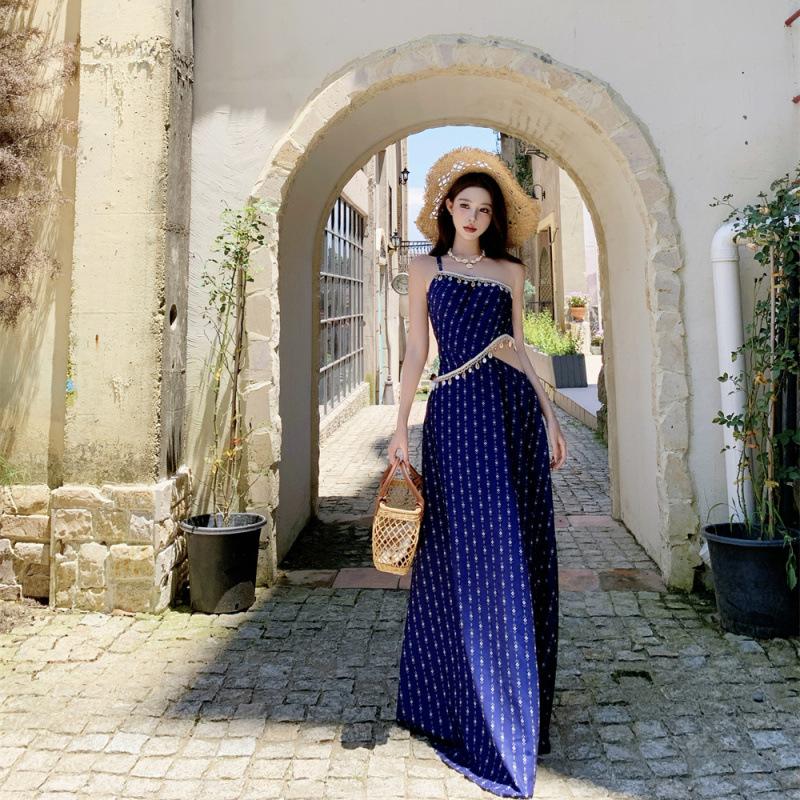 Summer New Hollow Waist and Thin Temperament Slanted Shoulder Vacation Blue Floral Long Dress Women