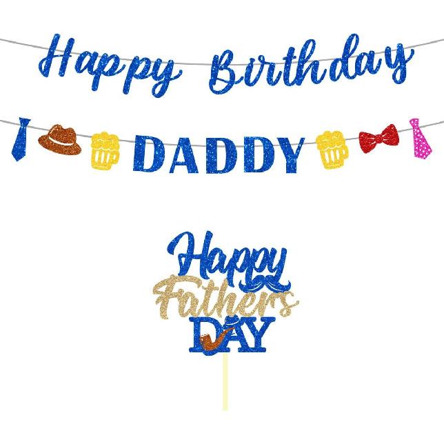 Glitter Happy Birthday Banner for Fathers Party Decoration Pre-Strung Celebration Blue Flag Cake Banner Happy Daddy Bold Letter Sign We Love Dad