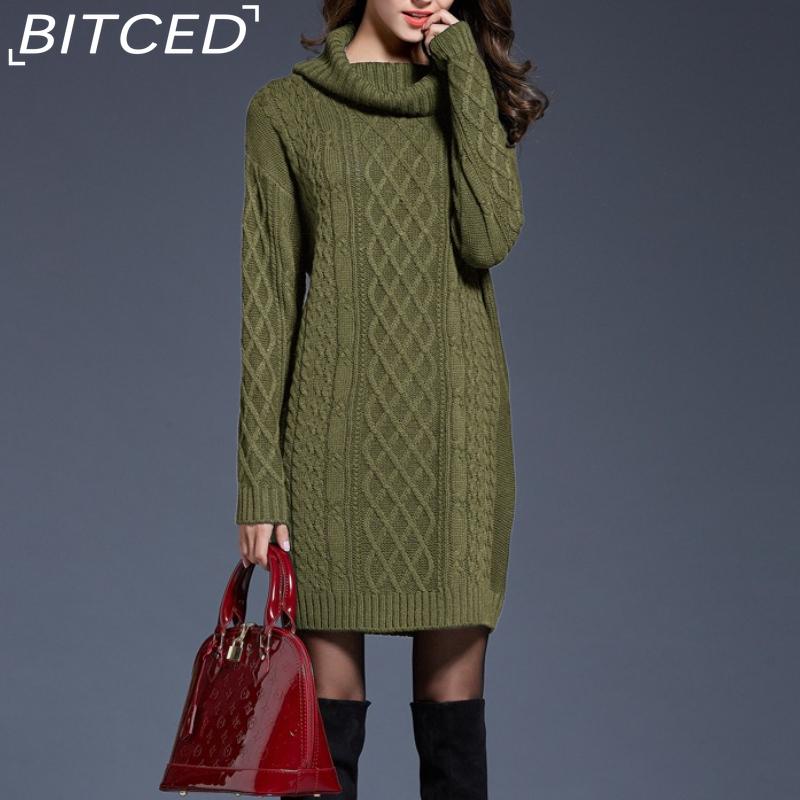 

BITCED Осенне-зимнее женское вязаное платье большого размера, удлиненный свитер с высоким воротником XXXL зелёный