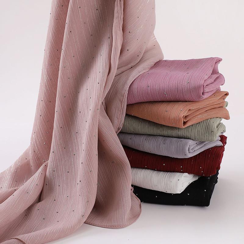 Spring Plain Wrinkle Rhinestone Shiny Shimmer Shawls Scarf for Women Ramadan High Quality Wrap Beach Stole Bufandas Muslim Hijab