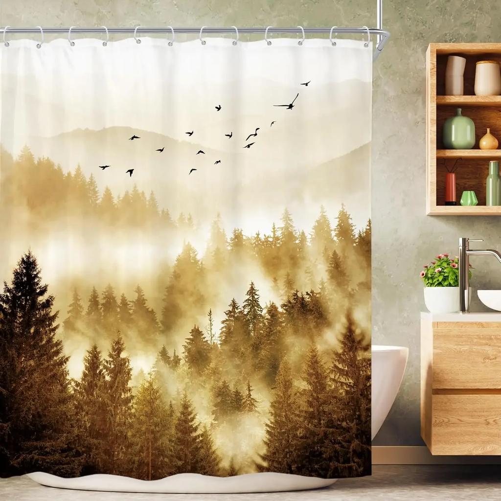 Green Shower Curtain Natural Mountain View Pine Bathroom Decorative Fabric Polyester Waterproof Shower Curtain 90X180CM