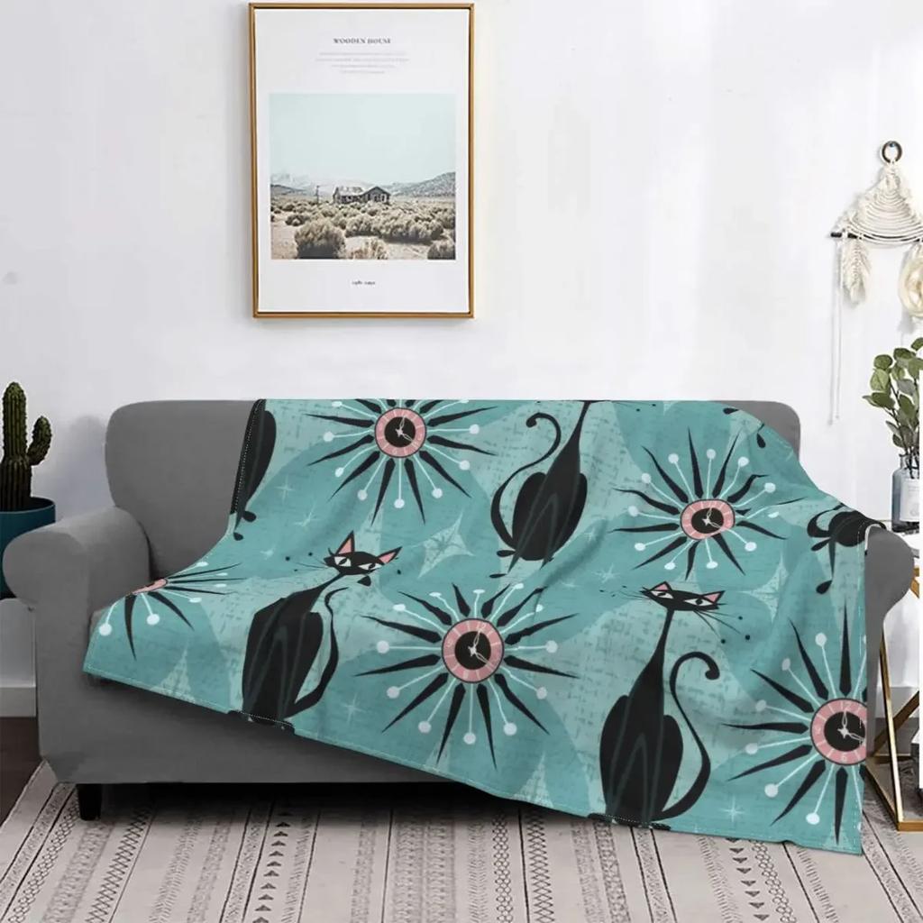 Cute Black Cat Blankets Soft Warm Flannel Mid Century Meow Retro Atomic Kitties Throw Blanket for Bedding Couch Bedspread, Gifts