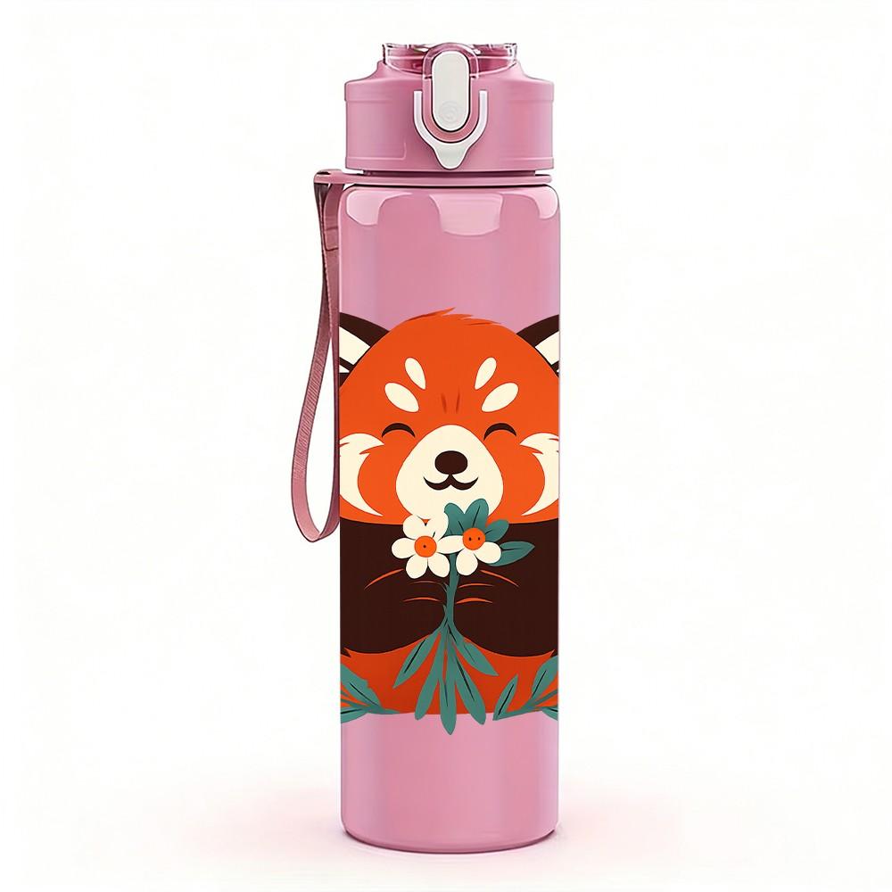 1PC Floral Red Panda 750ml Color Plastic Sports Water Bottle Leakproof Flip Straw Lid Suitable for Sports Office Home Use