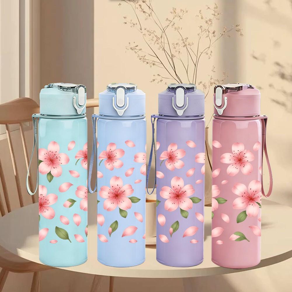 1PC Soft Pink Flower Repeat Pattern 750ml Color Plastic Sports Water Bottle Leakproof Flip Straw Lid Suitable for Sports Office Home Use