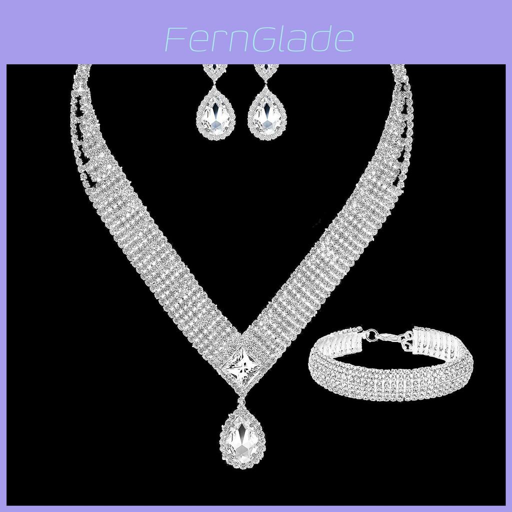 Water Drop Necklace Earring Bracelet Set With Zirconia For Bridal Wedding Dress Accessories