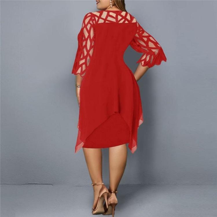 Casual Lace Stitching Chiffon Long Skirt Ladies Loose Dress European American Three Quarter Sleeves Irregular Hem