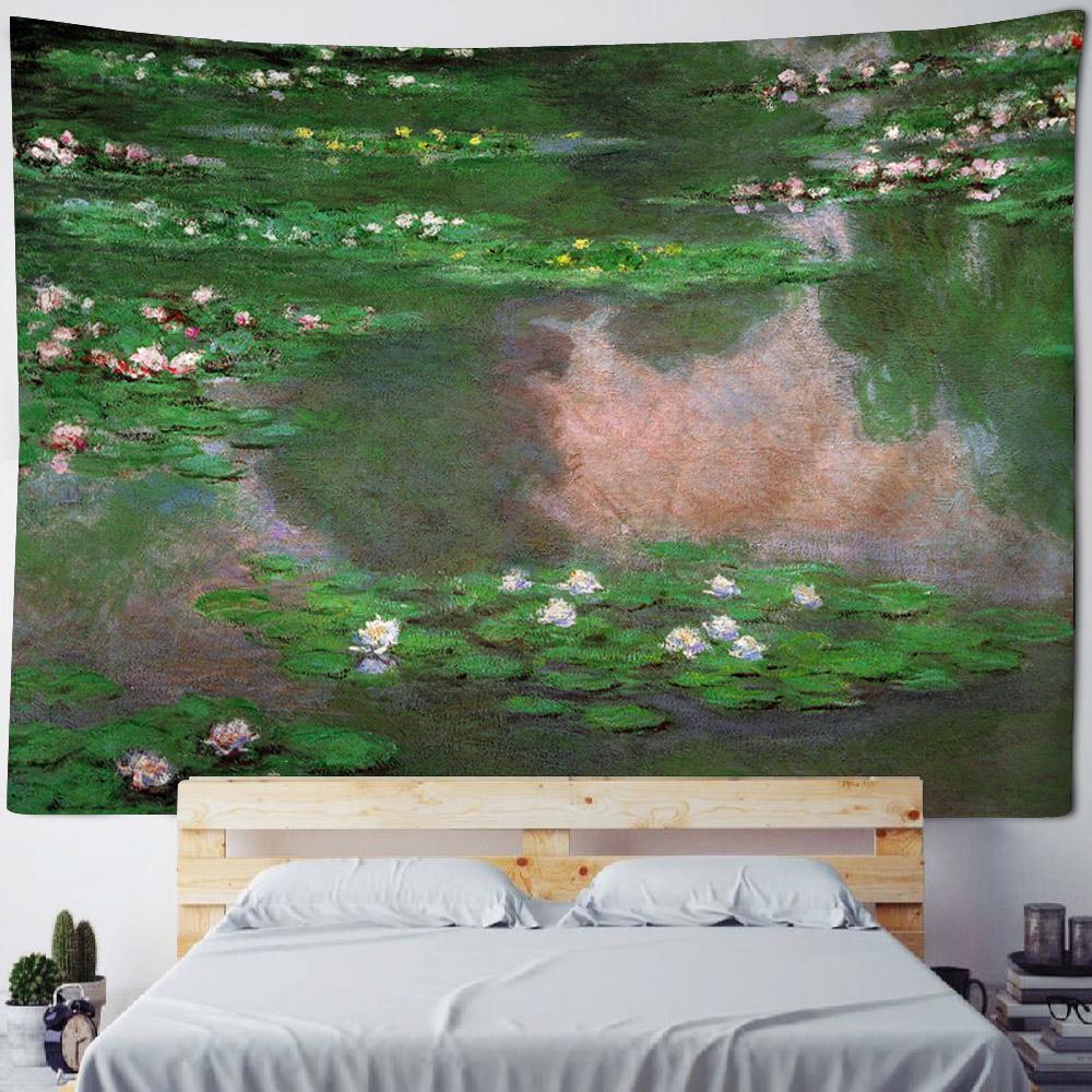 Retro oil painting, water lily print, tapestry, flower and plant wall hanging, home decoration, abstract aesthetic tapestry