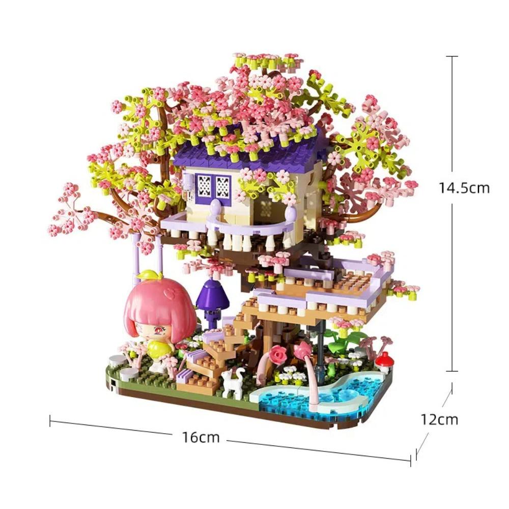 Cherry Blossom Treehouse Train Micro Mini Block Piece Series – Children's Building Blocks Toy with Springtime Sakura Park Vibes