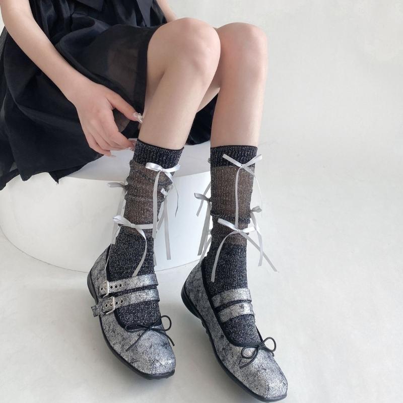 Japanischer Stil Schimmerndes Netz Spleißende Gerippte Über die Wade Socken für Damen Mädchen Niedliche Schleife Schleifenknoten Lange Strümpfe