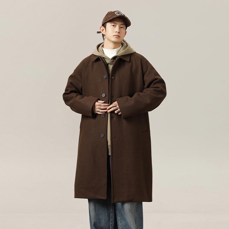 Men's Mid-Length Windproof Woolen Coat - Autumn/Winter, Japanese Style, Loose Fit, Thickened Lapel Jacket