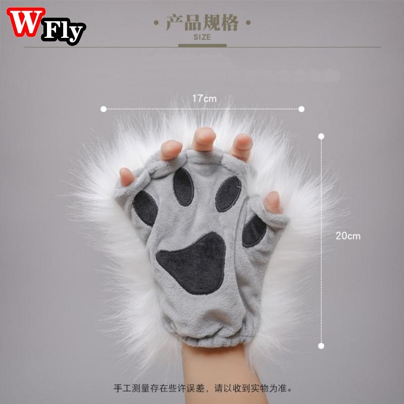 Harajuku Women Girls Plush Animal Claw Gloves Half Finger Wolf Cat'S Paw Gloves Halloween Lolita Cosplay Anime Set Accessories