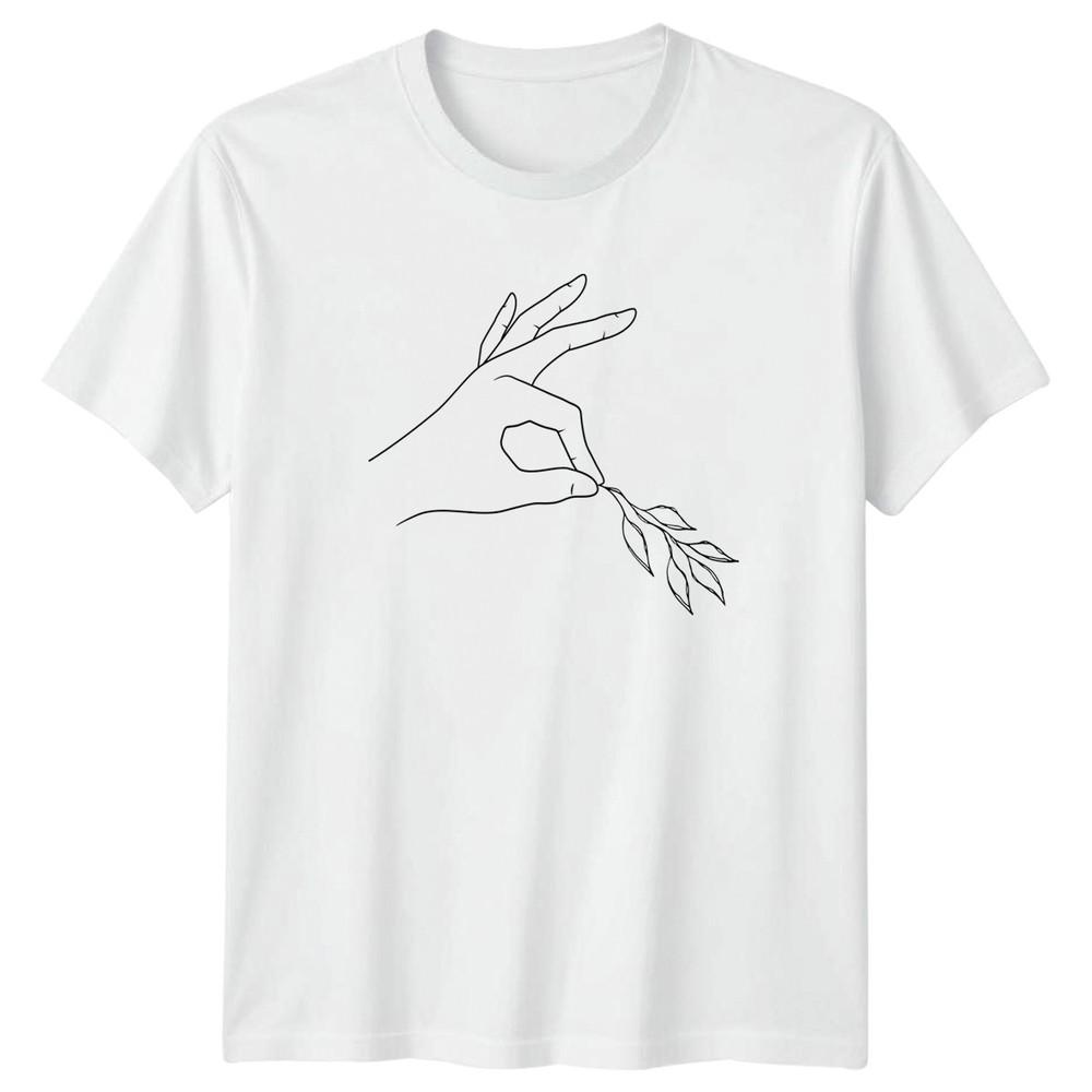 Minimalist Line Art Hand Holding Olive TShirt Botanical Nature S