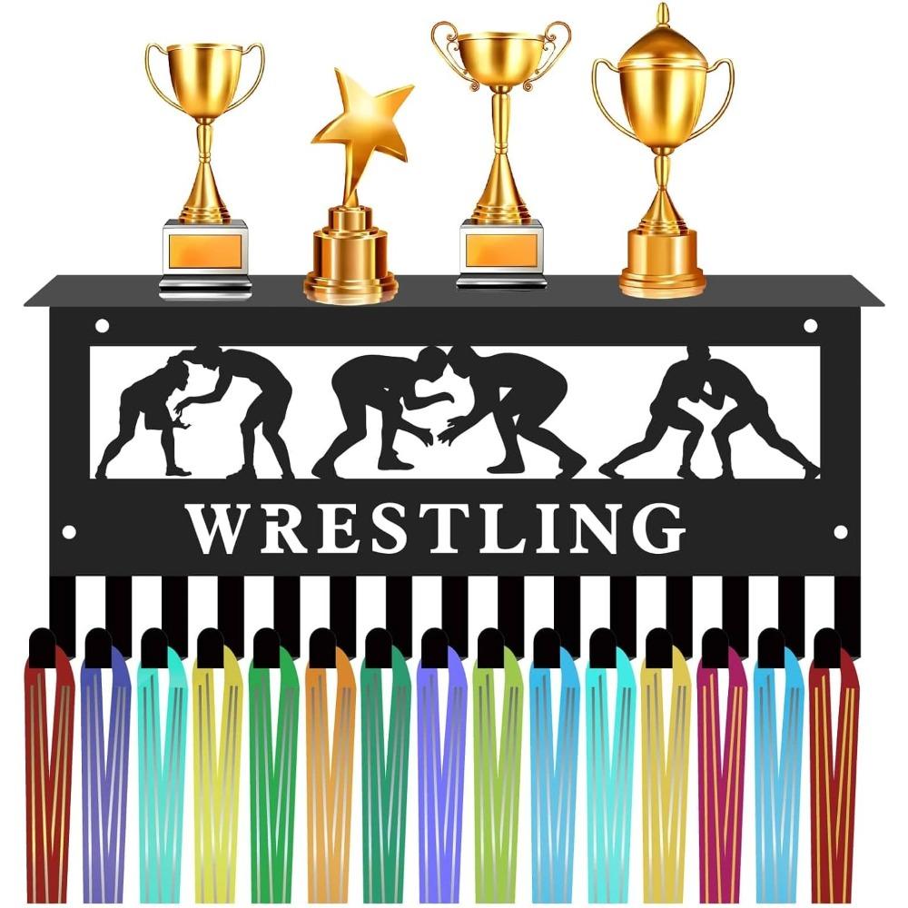 Swimming Medal Hanger Display with Shelf, Trophy Medal Holder Rack Iron Wall Mount Decor Metal Organizer for Hanging Medals Swimmer 11.8 X 5.1 Inch