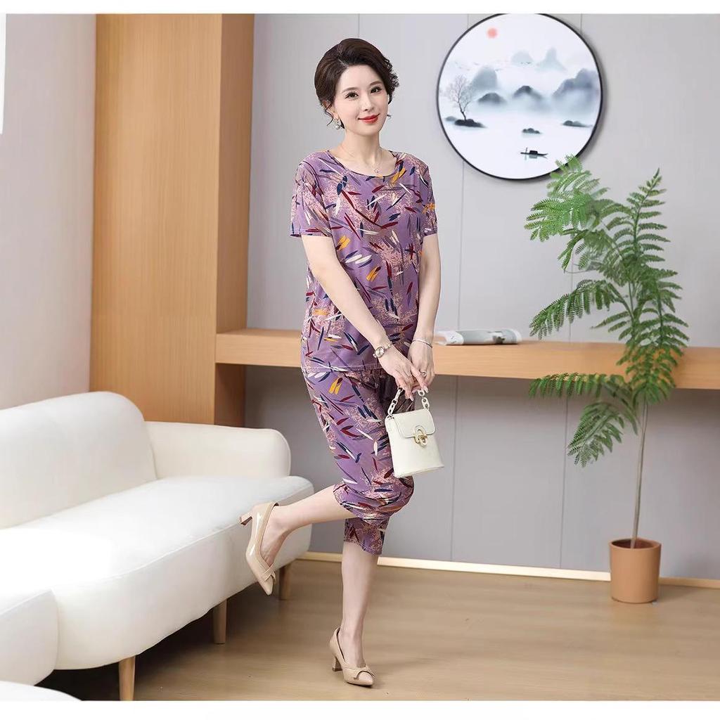 Women's Plus Size Ice Silk Pajama Set: Casual Short Sleeve Two-Piece for Middle-aged and Elderly Moms