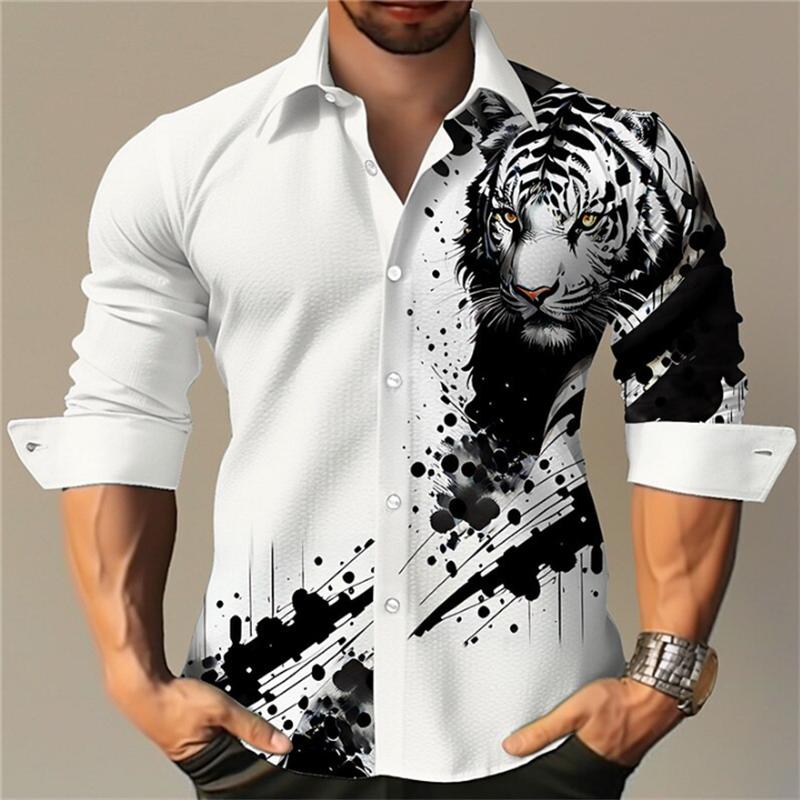 Fashion Lapel Shirt Striped Plaid Blue Green Shirt Tiger Totem Black White HD Pattern Cuban Broken Collar Fashion Popular