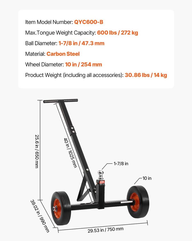600lbs Trailer Dolly 16.5 and 22 inAdjustable Height 1-7/8 In Ball Solid Tires